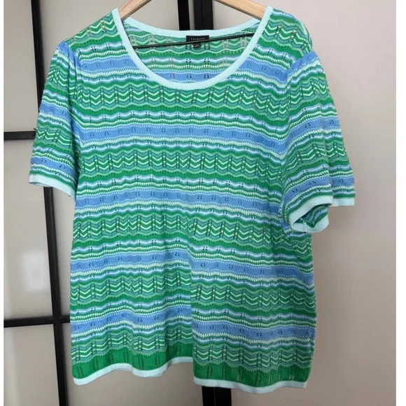 Talbots Open Flame Stitch Green Blue Striped Knit Short Sleeve Top - Picture 2 of 5